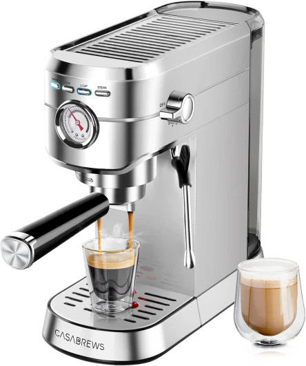 Machine à Cafetière Expresso avec buse à Mousse de lait Puissante, 20Bars Cafetière et Machine à Cappuccino avec Manomètre, Réservoir de 1 L, Boîtier en métal, Acier inoxydable