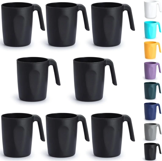 Tasses à café en plastique noir Set de 8 x 450ml, Gobelets avec poignées, Tasse d’eau réutilisable, Facile à transporter, Idéal pour la maison, Jardin, Pique-, Camping, Extérieur