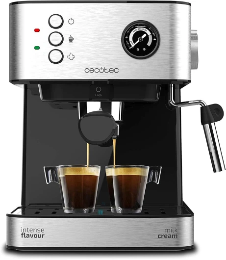 Machine à café Espress Power Espresso Professionale - 850 W, 20 bars de Pression, Manomètre, 1.5L, Bras Double Sortie, Buse vapeur, Plateau Réchauffe-tasses, Finitions en Acier Inoxydable