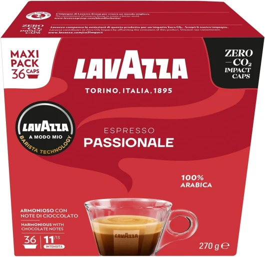 , A Modo Mio Espresso Passionale, 1 Paquet de 36 Capsules de Café, avec Notes Aromatiques de Chocolat, 100% Arabica, Intensité 11/13, Torréfaction Foncée