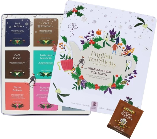 Coffret cadeau Noël de thés et infusions bio - Collection Holiday Mauve de 72 sachets - 9 mélanges de thés et infusions bio de Noël - Idée cadeau de Noël à offrir