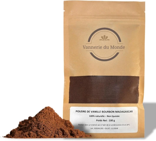 Poudre de Vanille Bourbon de Madagascar - Sachet de 100g - Qualité Premium - Non Epuisée - Non Sucrée -100% Naturelle - Idéal pour Pâtisseries et Dessert