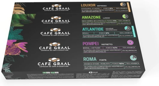 Cafegraal – Coffret de 50 Capsules Compatibles avec Nespresso - 5 Cafés Gourmands aux Arômes Intenses - Compostables, Biodégradables - Torréfaction Artisanale - Sans Aluminium