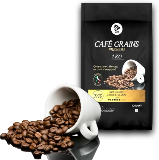 Café grain PREMIUM 100% Pur ARABICA - Médaille d'Or 2021 Dégustation Sélection Cafés du Monde - Paquet 1 KG - Intensité 7/10 - Grains Notes & Saveur Fruités et Florales Torréfaction Italienne