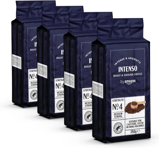 Café Intenso Moulue, Torréfaction Moyenne, 1 kg (4 lot de 250 g) - Certifié Rainforest Alliance