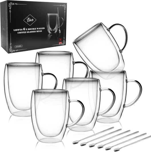 6x350ml Tasse à Café Double Paroi avec Poignée, Tasses à Latte Macchiato, Verre à Thé, Cappuccino, Résistantes à la Chaleur