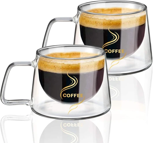 KAMEUN Tasse Double Paroi, 200ml*2 Coffret de Double Paroi Verre à Café, Tasses en Verre Borosilicate avec Poignée, effet flottant, pour Thé, Café, Lattes, Cappuccino, Espresso, Bière