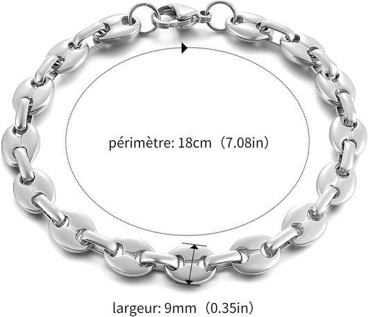 Bracelet Graine de Café Homme Gourmette Argent Noir Or en Acier Inoxydable - Chaine Grain de Cafe Longueur 18/22/24cm, Largeur 6/9/11mm Argent - 9mm 18.0 Centimètres