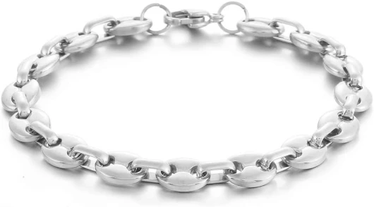 Bracelet Graine de Café Homme Gourmette Argent Noir Or en Acier Inoxydable - Chaine Grain de Cafe Longueur 18/22/24cm, Largeur 6/9/11mm Argent - 6mm 22 Centimètres