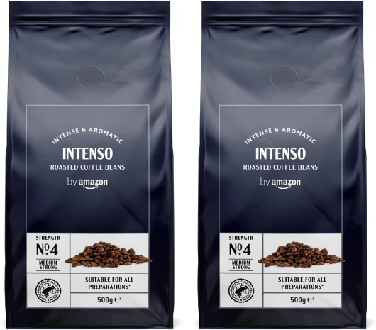 Café en grains Caffé Intenso, Torréfaction Moyenne, 500g, Lot de 2 - Certifié Rainforest Alliance