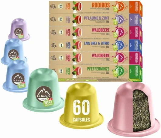 Lot de 60 capsules de thé bio - Compatible avec Nespresso - La Natura Lifestyle - Compostables industrielles