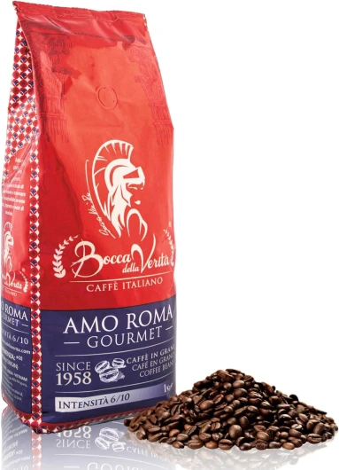 ® - Café en grains italien, Aroma AMO ROMA GOURMET 50A/50R, paquet de 1 Kg, Café torréfié naturellement et artisanalement 100% en Italie, Certification Rainforest et UTZ