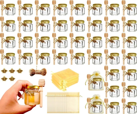 Ahhute 40 PCS Mini Pots à Miel en Verre Hexagonaux avec Cuillères en Bois - 1,5 oz pot miel - Petit pot verre cadeau parfait pour Mariage et Baby Shower