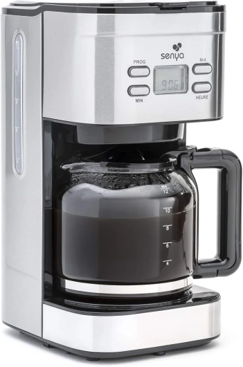 Cafetiere electrique programmable Inox Family Coffee, verseuse en verre, cafetiere filtre 12 tasses en Acier Inoxydable 1,5L, 900W, SYBF-CM019