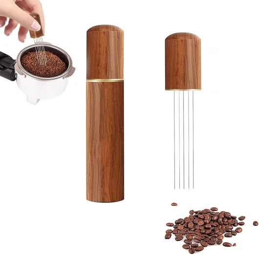 Dfuqanb Distributeur de poudre de café portable aiguille, Barista professionnel outil de distribution à main, Accessoires pour outils de distribution de café wdt,Avec manche en bois naturel et support