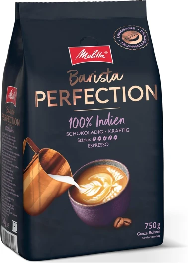 Barista Perfection 100 pour Cent Inde, Grains de Café Entiers 750 G, Café Non Moulu d'Origine Optimal, Mélange Arabica-Robusta, Torréfaction Lente au Tambour, Expresso, Force 5