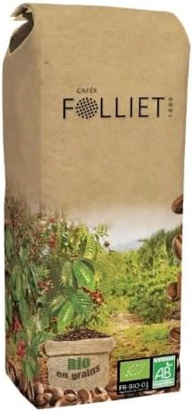 CAFÉS FOLLIET - Café En Grains Bio Philomène - Torréfaction Lente - Intensité 9/10-100% Arabica - Cafés Verts Amérique Centrale, Afrique & Asie - 1kg