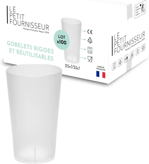 Lot de 100 Gobelets réutilisables 25cl (33cl à ras-bord) - Polypropylène Incassable - Gobelets plastique rigide - Compatible lavage au lave-vaisselle - Couleur givrée Givré 100 Unité (Lot de 1)