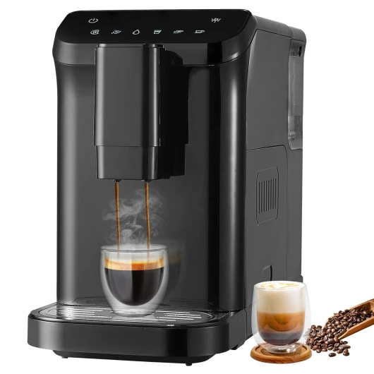 Machine à Expresso Automatique, Cafetière Expresso Professionnelle 15 Bars avec Broyeur Intégré, 15 Réglages de Mouture, avec Réservoir d'eau de 1,5 L et Trémie à Grains de 180 g, pour Bureau Classique