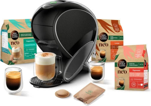 Dolce Gusto NEO Coffee Machine by Krups, Machine à café + 3 boites de dosettes compostables (Espresso, Lungo, Cappuccino), Cafetière multi-boissons connectée YY5242FD